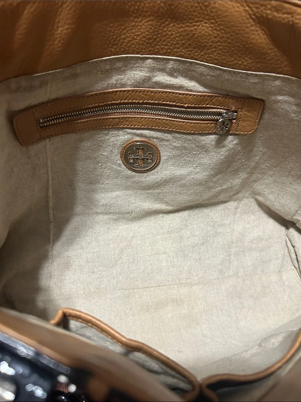 Tory Burch Black Patent Leather Tote with Tan Trim and Logo Embossing